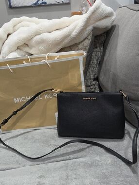 Michael Kors Trisha Black Pebbled Leather Small Crossbody with Gold Logo